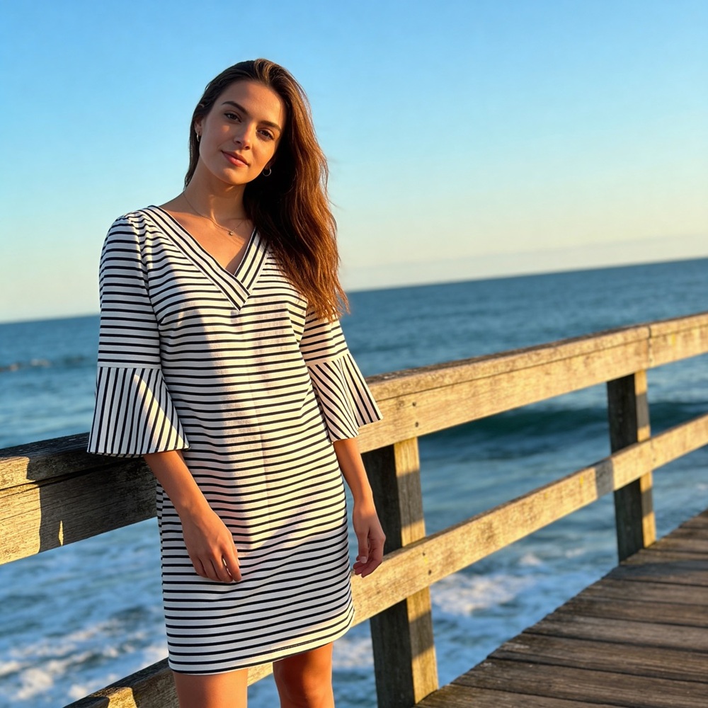 Skies Are Blue Black & White Striped Bell Sleeve Dress Size M